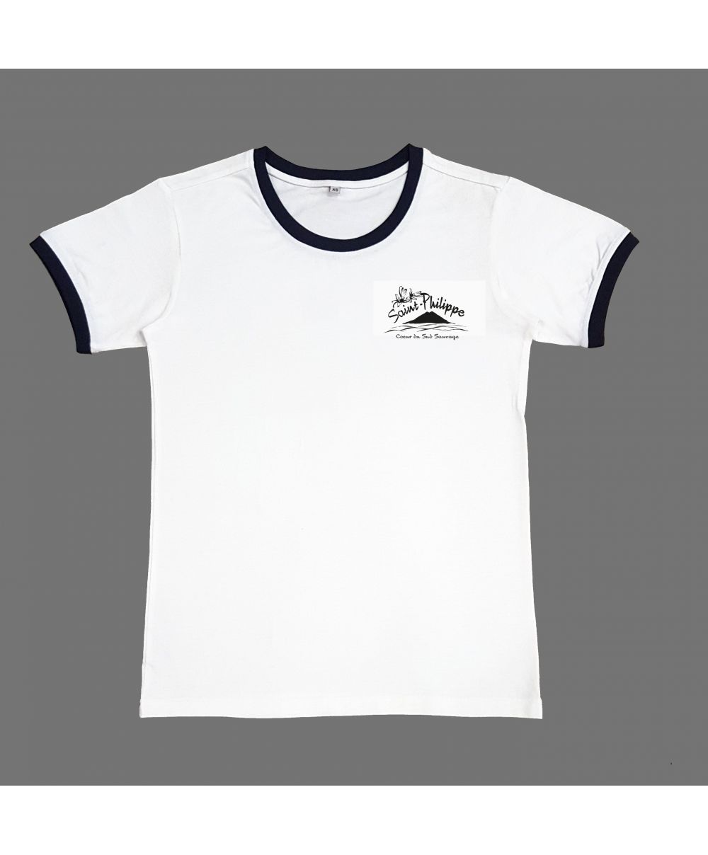 Mixte - Tee Shirt - Blanc Col & Manche Bleu Marine - Ecole du Baril